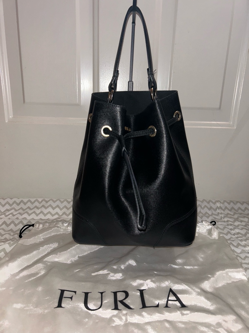 Furla Black Leather Drawstring Tote